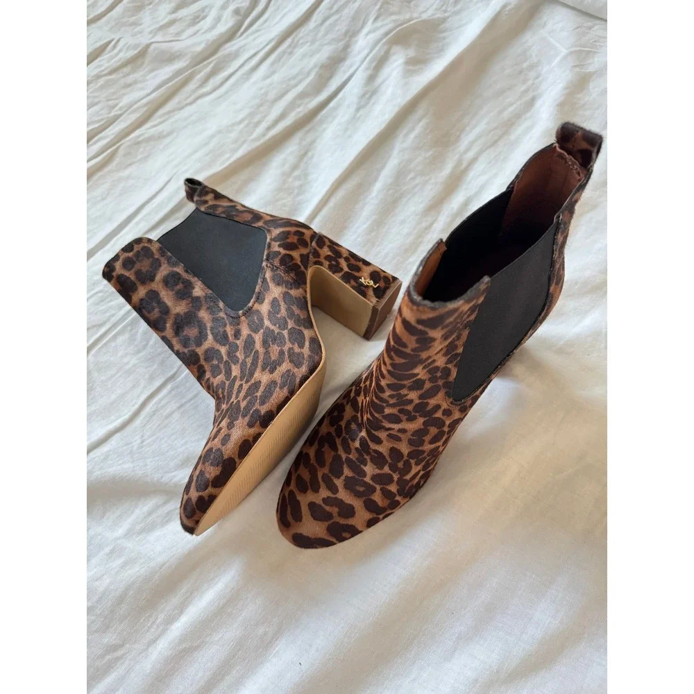 Kurt Geiger London Leopard Calf Hair Ankle Boots EU 39 Block Heel Chelsea Bootie